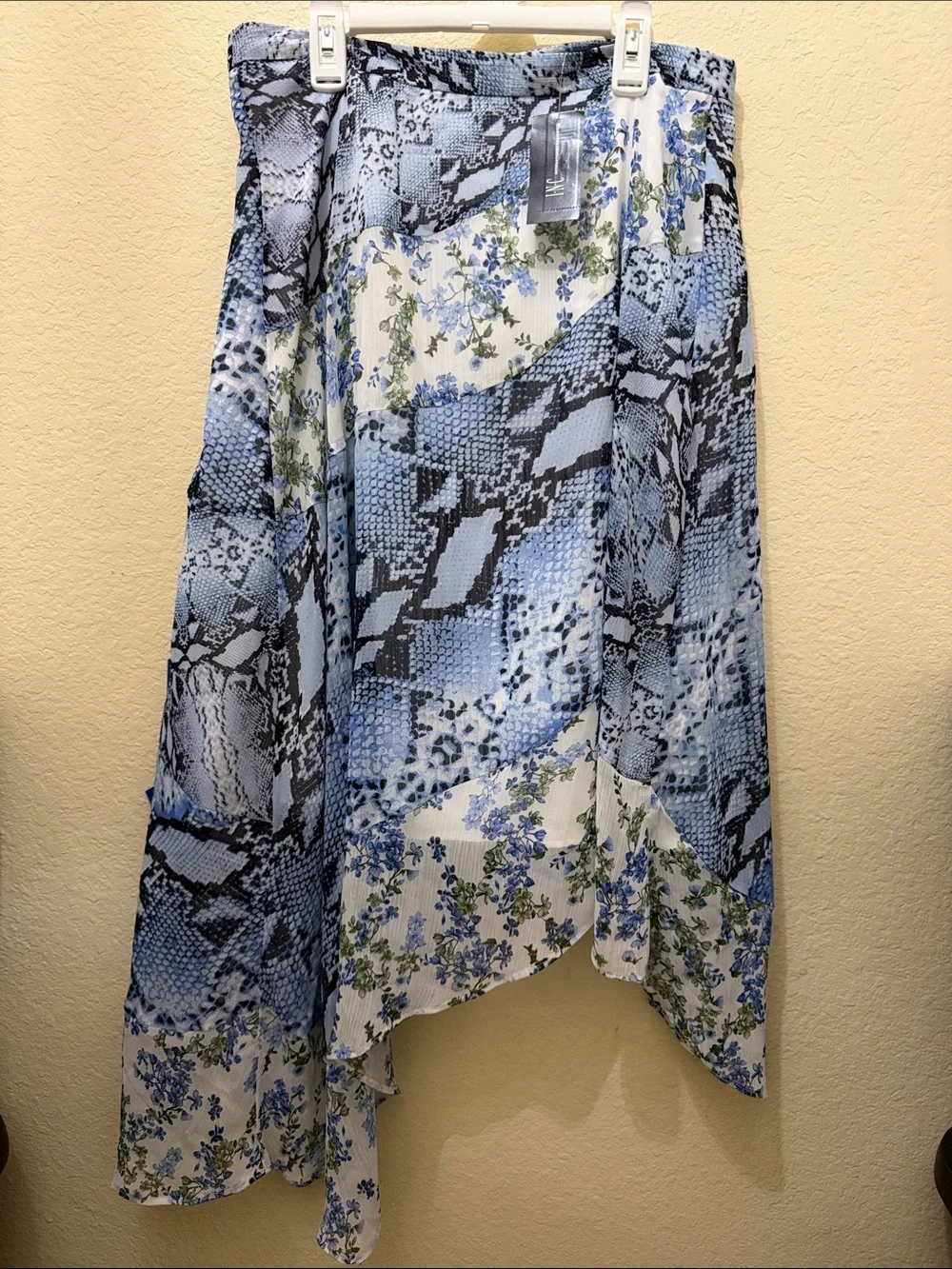 INC International Concepts Blue Floral & Snake-Print A-Line Midi Skirt